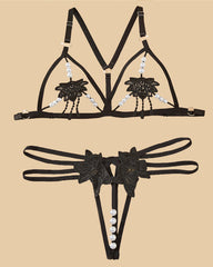 Women's Three-point Sexy Hollow Pearl Massage Underwear Set