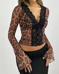 Women's Floral Lace See-through Ruffle Sleeve V-Neck Top