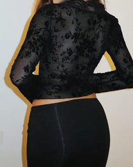 Women's Floral Lace See-through Ruffle Sleeve V-Neck Top