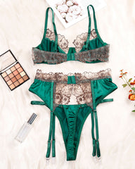 Sexy Embroidered Flower Lace Splicing Garter Lingerie Set