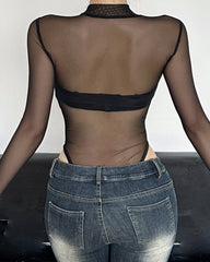 Flocked Snake Print Sexy See-through Mesh Stretch Long Sleeve Bodysuits