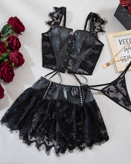 Sexy PU Leather Stitching Lace See-through Strappy Lingerie Set