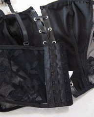 Sexy PU Leather Stitching Lace See-through Strappy Lingerie Set