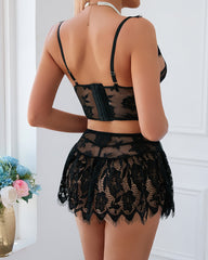 Sexy PU Leather Stitching Lace See-through Strappy Lingerie Set