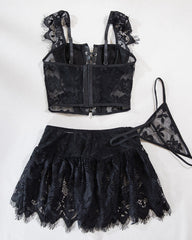 Sexy PU Leather Stitching Lace See-through Strappy Lingerie Set