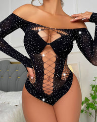Women's Hot Diamond Shiny Long-sleeved Mesh Bodysuit
