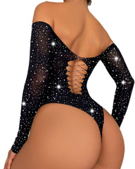 Women's Hot Diamond Shiny Long-sleeved Mesh Bodysuit