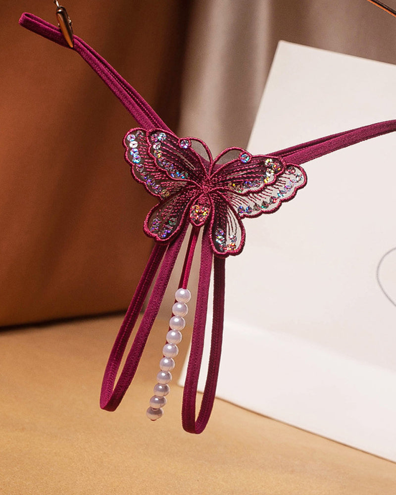 Sexy Sequin Butterfly Embroidered Open Crotch Massage Pearl Thong