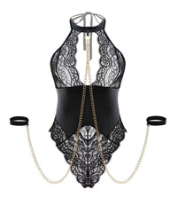 Deep V Halterneck Patent Leather Lace Splicing Bondage Metal Chain Sexy Lingerie