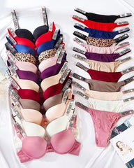 Sparkling Diamond Wide Strap Letter Rhinestone Sexy Push-Up Bra Set