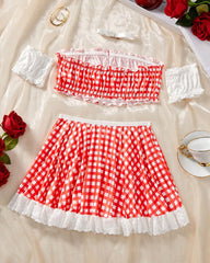 Sexy Colorblock Plaid Lace Maid Outfit