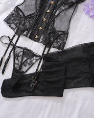 Embroidered Floral See-Through Sexy Hollow Strap Body Shaping Underwear Two-Piece Set with Stockings