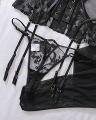 Embroidered Floral See-Through Sexy Hollow Strap Body Shaping Underwear Two-Piece Set with Stockings