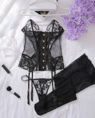 Embroidered Floral See-Through Sexy Hollow Strap Body Shaping Underwear Two-Piece Set with Stockings