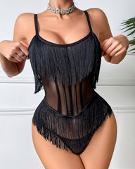 See-Through Mesh Sexy Suspenders Tassel Body-Shaping Bodysuit