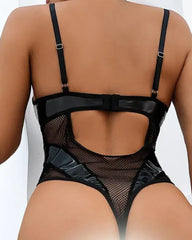 Contrast Mesh Backless PU Leather Teddy With Choker