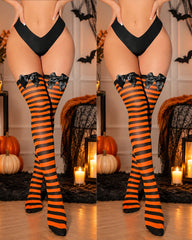 2 Pairs Halloween Colorblock Striped Bow Pumpkin Stockings