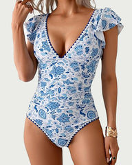 Deep V Ruffle Short-Sleeve Tummy-Controlling Printed One-Piece Swimsuit