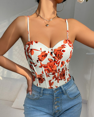 Women's Floral Print Corset Bodysuit Structured Cup High-Cut Adjustable Strap Lingerie Top