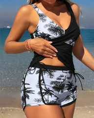 Palm Tree Print Quick-Dry Two-Piece Bikini Swimsuit