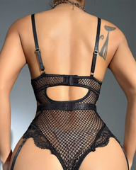 Sexy Metal Chain Lace Mesh Shaping Bodysuit