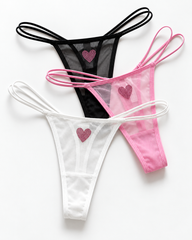 3-Pack Rhinestone Heart Sheer Mesh Thong Panties