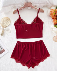 Sexy Deep V Lace Trim Camisole and Shorts Pajama Set