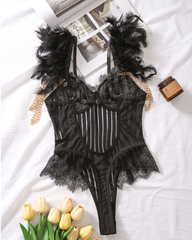 Sexy Lace Patchwork Mesh Feather Bodysuit