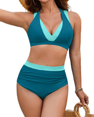 Beach Vacation Colorblock High Waist Tummy Control Bikini Set