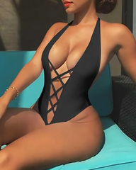 Sexy Lace-up Backless Solid Color One-Piece Bikini