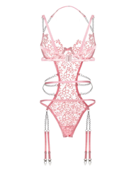 Cut-Out Floral Embroidery Chain Halter Bodysuit