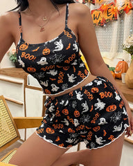 Halloween Casual Print Camisole and Shorts Pajama Set