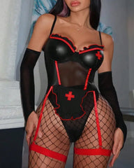 Sexy Nurse Roleplay Leather Mesh Bodysuit Lingerie