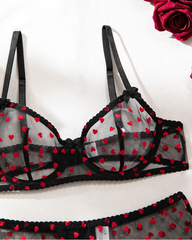 Sexy Heart Flocked Embroidery Sheer Mesh Lingerie Set with Stockings