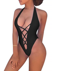 Sexy Lace-up Backless Solid Color One-Piece Bikini