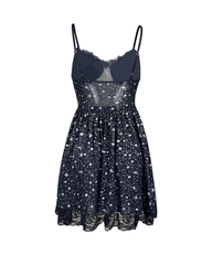 Star Print Mesh Lace Slip Dress with Faux Fur Collar