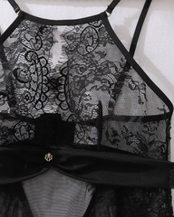 Sexy Eyelash Lace Cutout Sheer Mesh Nightgown with G-String