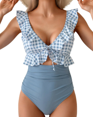 Sexy One Piece Cutout V Neck Ruched Swimsuit