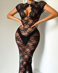 Sheer Floral Lace Keyhole Maxi Lingerie Dress