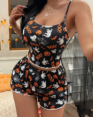 Halloween Casual Print Camisole and Shorts Pajama Set