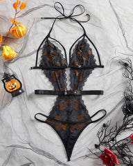Halloween Sexy Halter-Neck Backless Pumpkin Skull Print Bodysuit Lingerie