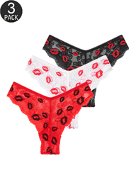 3-Pack Floral Lace Semi-Sheer Low-Rise Briefs Panties with Lip Print