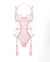 Cut-Out Floral Embroidery Chain Halter Bodysuit