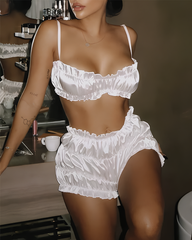 Satin Ruffle Pajama Set Ruched Cami Crop Top & Shorts Two-Piece Sleepwear