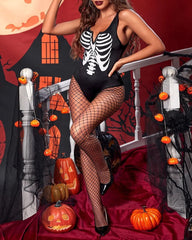 Halloween Cosplay Skull Print Bodysuit with Fishnet Stockings Hat Three-Piece Set