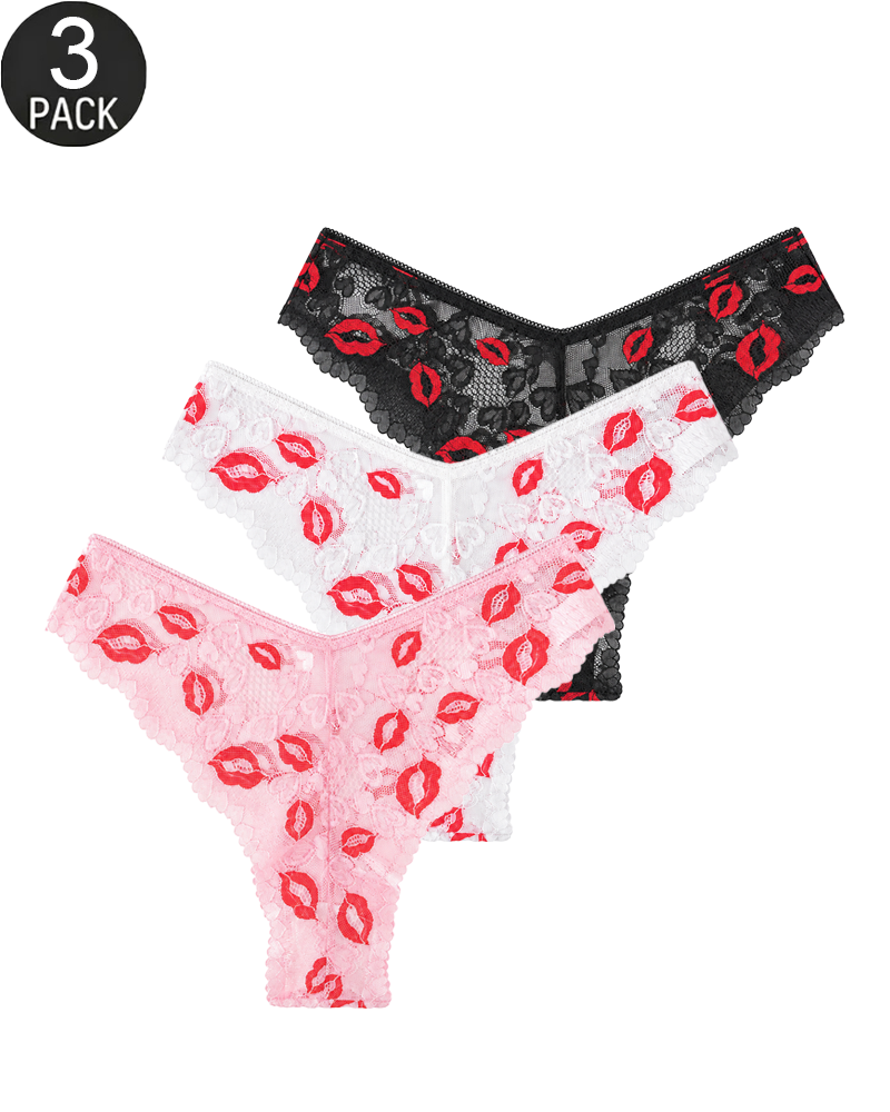 3-Pack Floral Lace Semi-Sheer Low-Rise Briefs Panties with Lip Print
