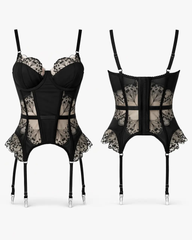Sexy Satin Lace Embroidered Sheer Bodysuit Set with Stockings