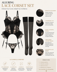 Sexy Satin Lace Embroidered Sheer Bodysuit Set with Stockings