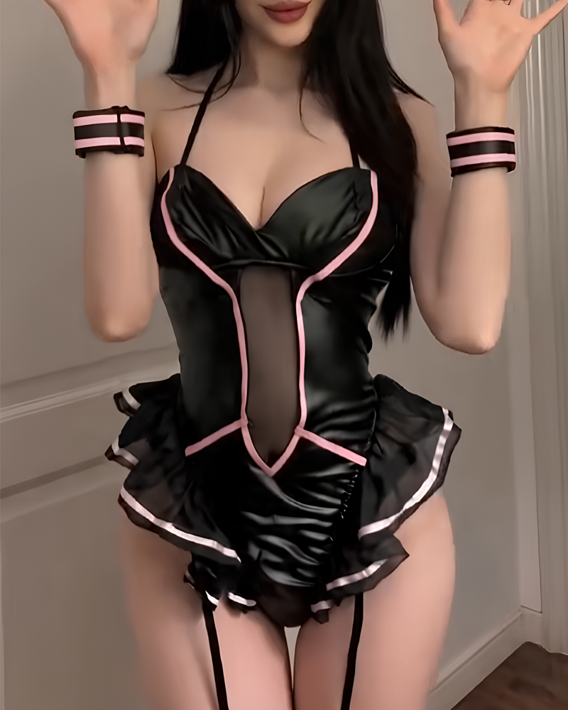 Sexy Black Ruffle Lingerie Bodysuit Set with Bunny Ear Headband
