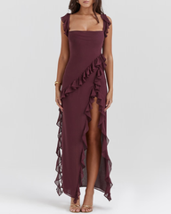 Sexy Ruffle Trim Slit Maxi Dress